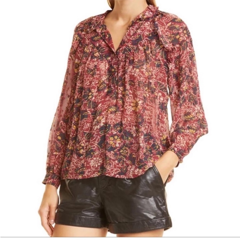 ba&sh Gaelle Sheer Floral Red Yellow Long Sleeve Mock Neck Blouse Size Medium - Picture 8 of 9